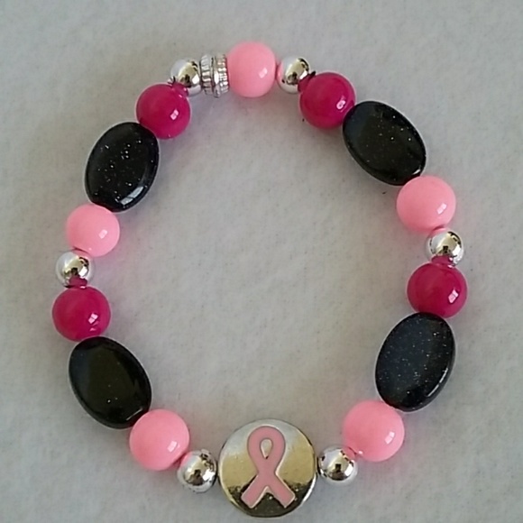 Pink, silver, and black awareness beaded stretch bracelet - Picture 3 of 3